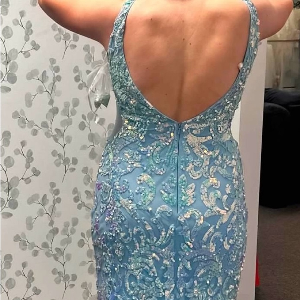 Aqua Beaded V-Neck Sequin Evening Gown